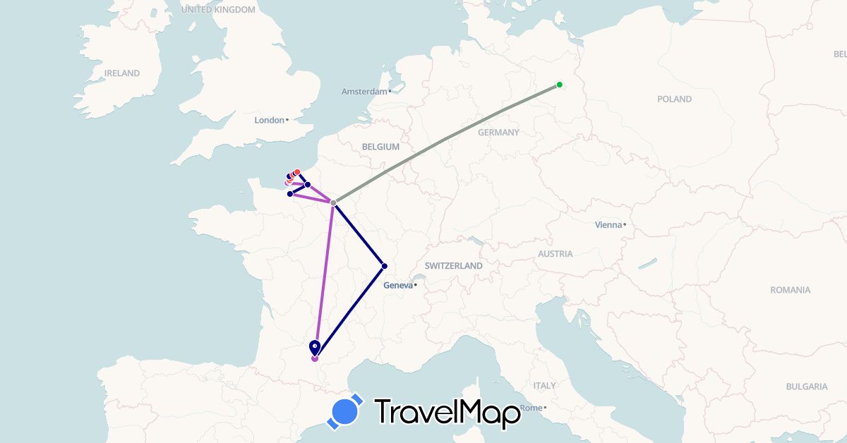 TravelMap itinerary: driving, bus, plane, train, hiking in Germany, France (Europe)